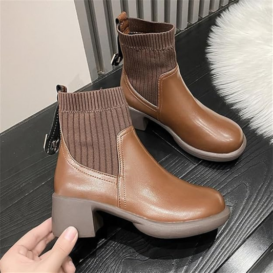 Botas cortas de cuero suave con tejido elástico para mujer