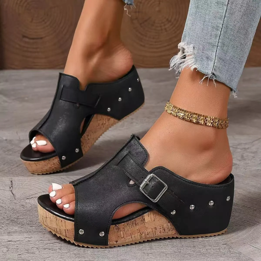 Sandalias de Cuña con Hebilla Retro para Mujer