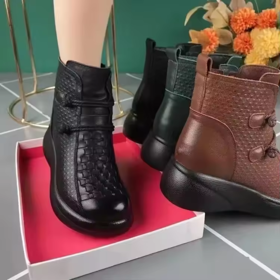 Botines de Cuero Premium con Textura Grabada y Estilo Étnico para mujer®
