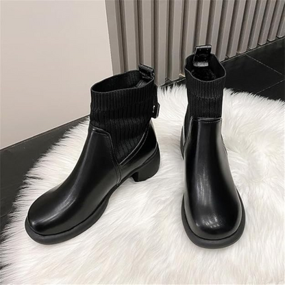 Botas cortas de cuero suave con tejido elástico para mujer