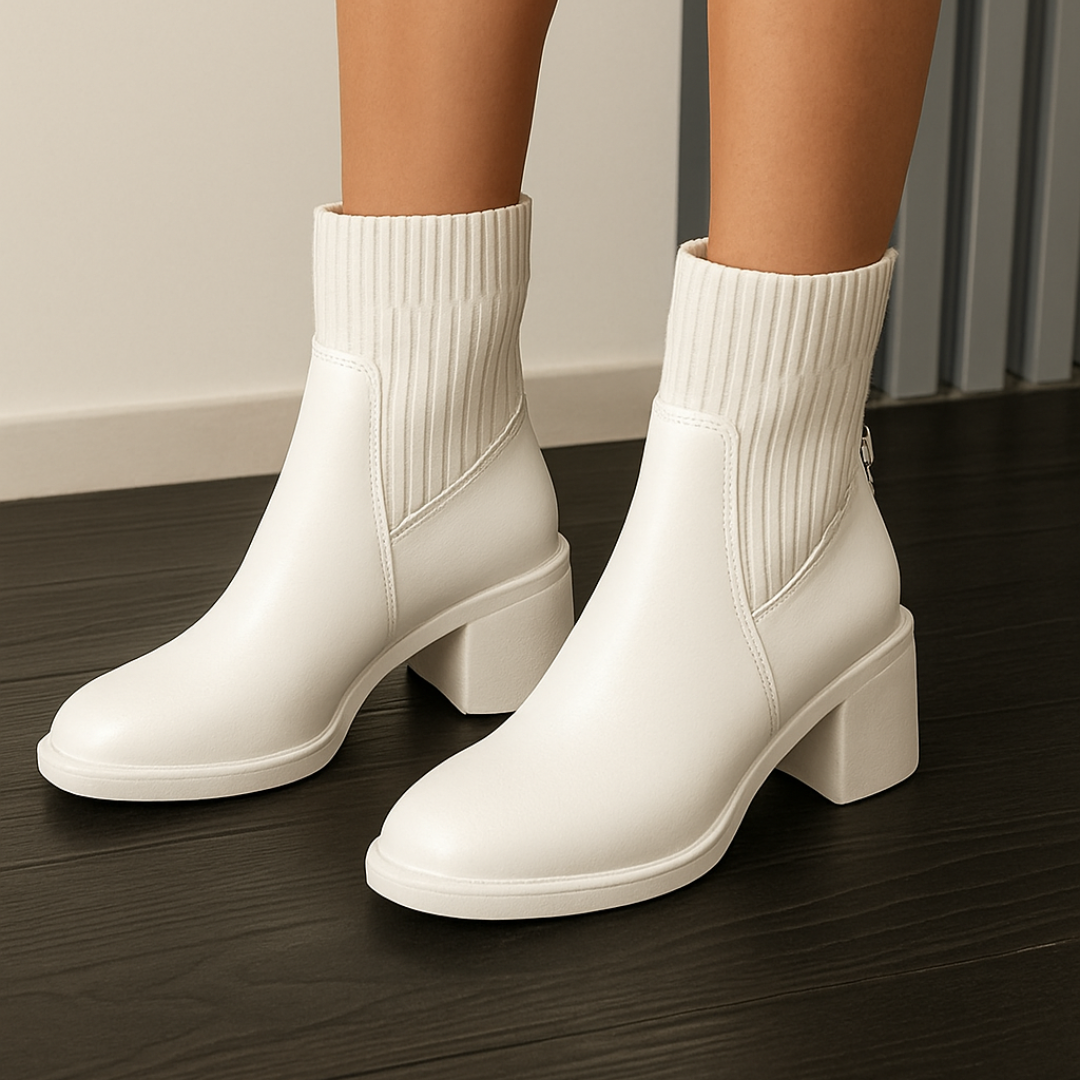 Botas cortas de cuero suave con tejido elástico para mujer