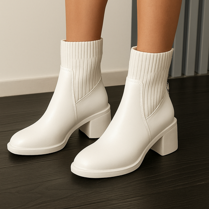 Botas cortas de cuero suave con tejido elástico para mujer