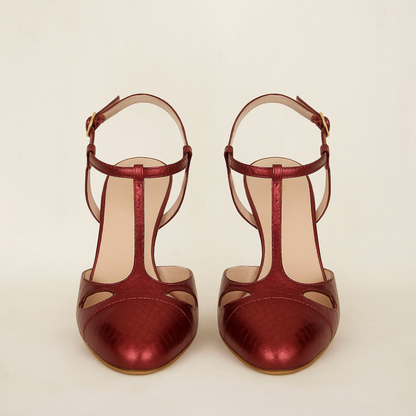 Tacones altos en cuero labrado metalizado elegantes para mujer