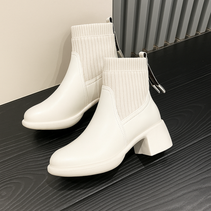 Botas cortas de cuero suave con tejido elástico para mujer